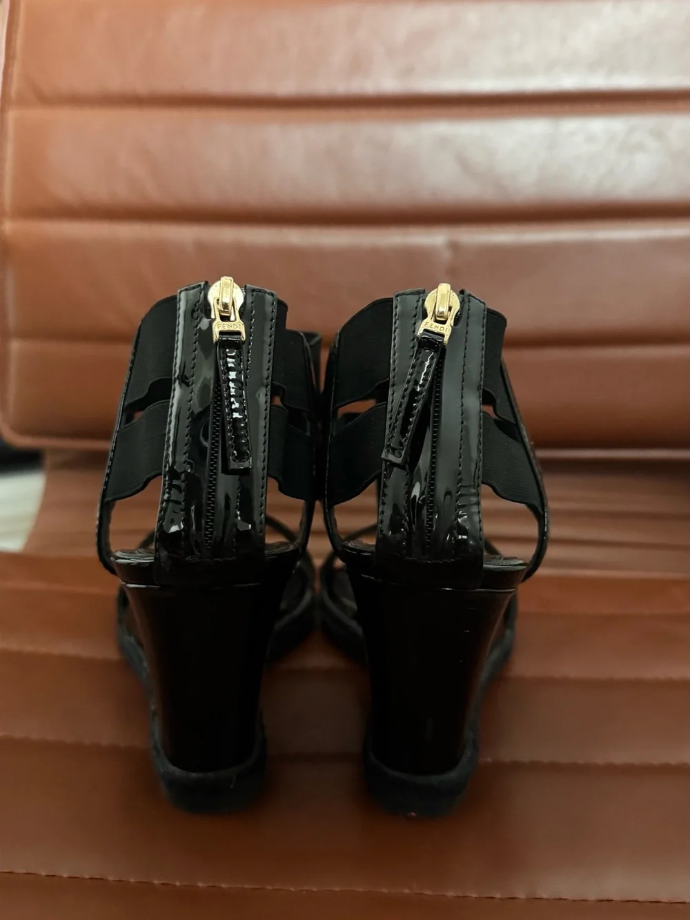 Fendi Black Patent Leather T-Strap Elastic Wedge Sandals Gold Logo 36 / 6